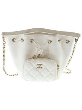 Chanel Quilted 2-Way Shoulder Bag Chain White Caviar Leather Gold